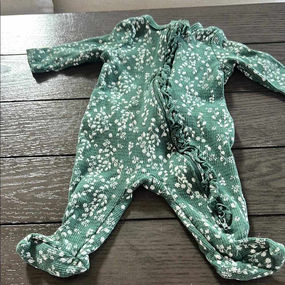 Green and White Footie One Piece with Floral Pattern
